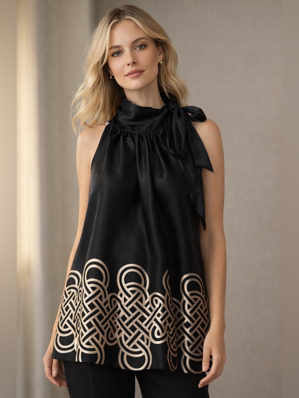 Banana Republic Black Silk Halter Top Celtic Knot Hem Size M